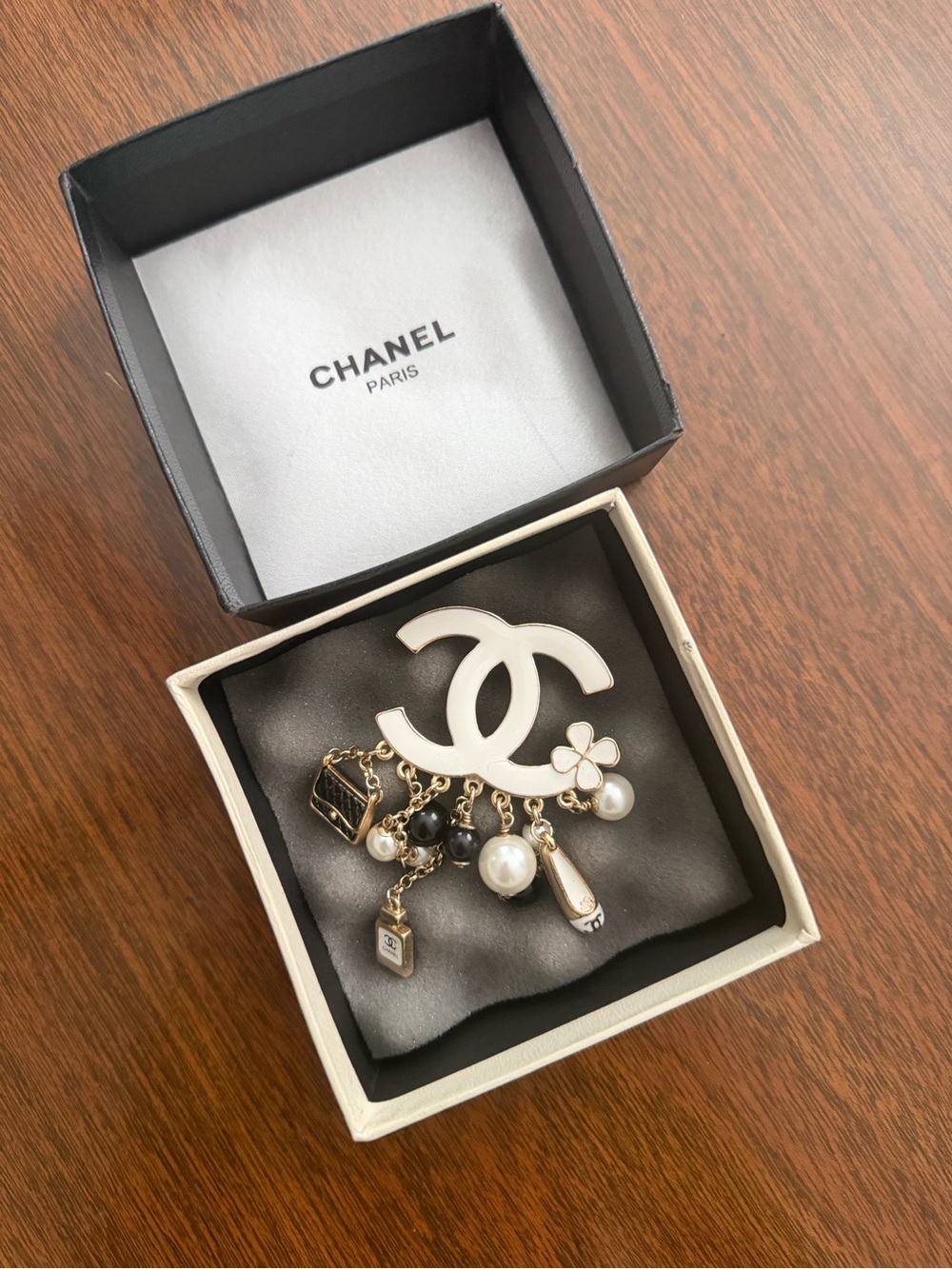 CHANEL White CC Logo Charm Brooch with Gold Tone and Pearl Charms